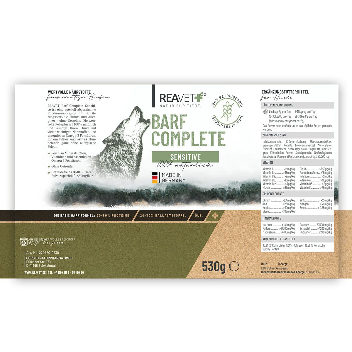Verpackung BARF COMPLETE SENSITIVE. Logo, Wolf, Text: 530g e, Made in Germany. Nährwertangaben und Inhaltsstoffe.