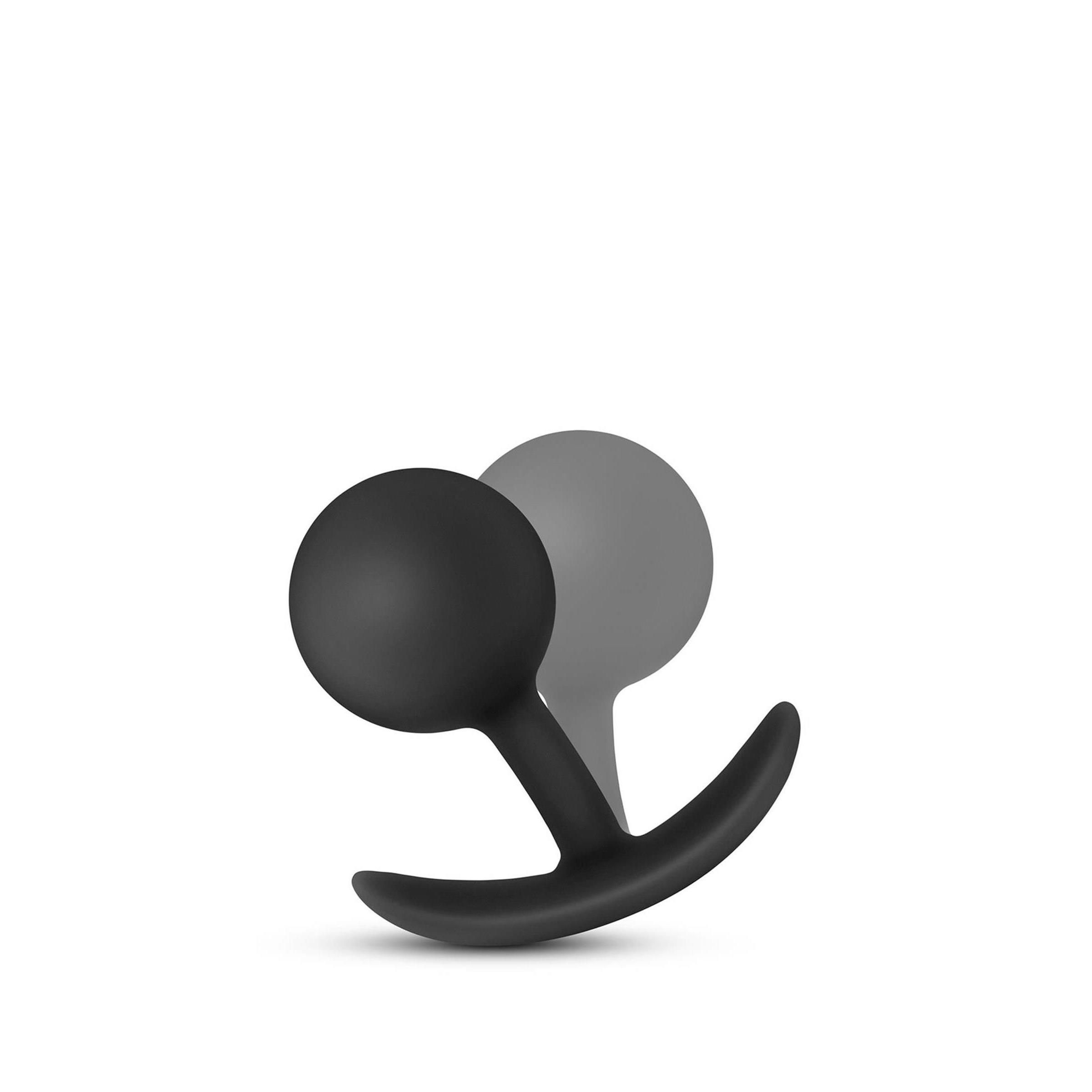 Schwarzer Analplug mit runder Spitze und gebogener Basis. Graue Schattenabbildung.