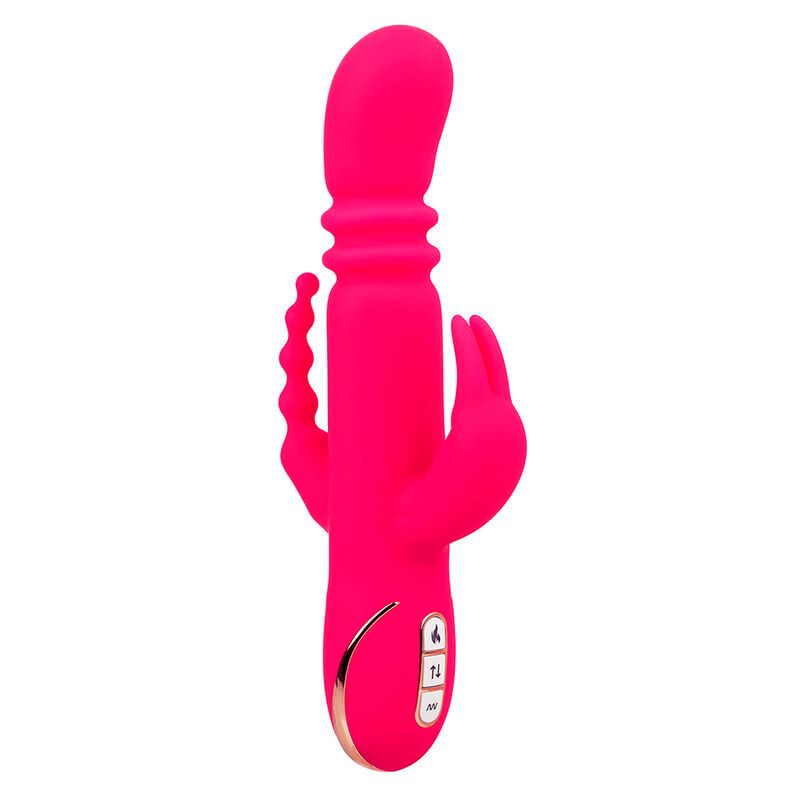 Pinkfarbener Vibrator mit Kaninchenohren und wellenförmigem Element. Goldfarbene Akzente und Bedienknöpfe.