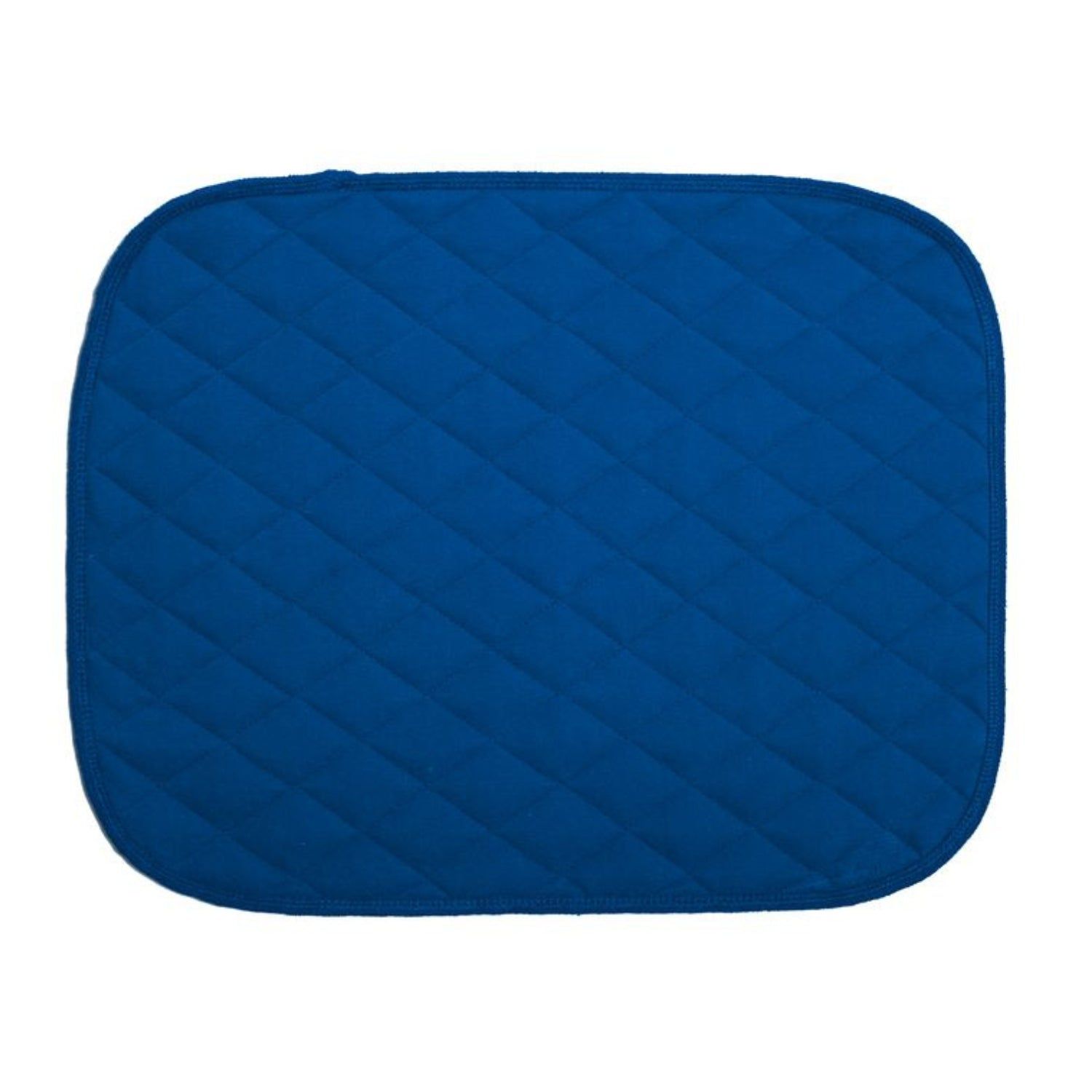 Blaue Sitzauflage. Quadratische Form mit abgerundeten Ecken. Steppung mit diagonalen Nähten. Keine Anti-Rutsch-Noppen sichtbar.