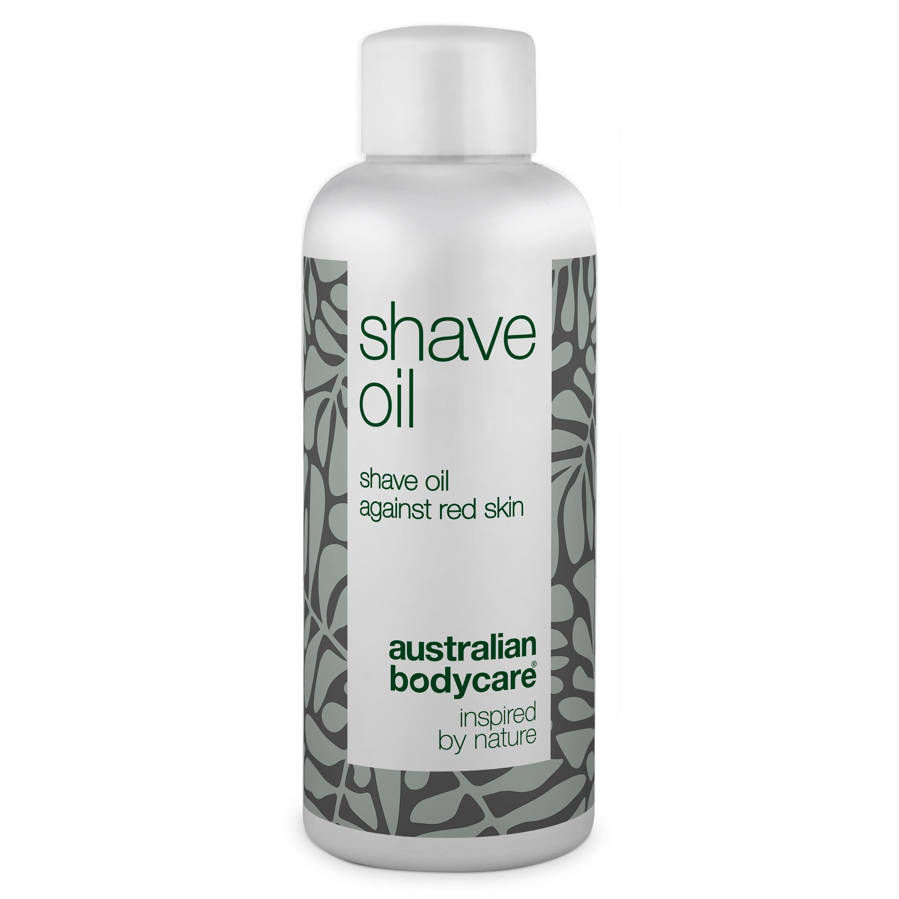 Flacone bianco con scritta « Shave Oil ». Motivo grigio. Logo « Australian Bodycare ».