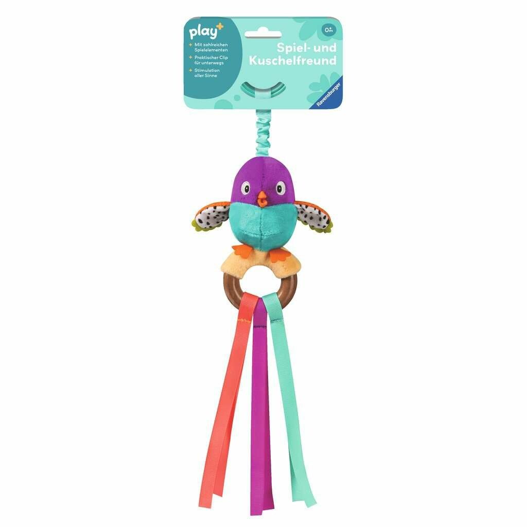 Greifling mit Vogel, Holzring und Bändern. Mit Aufhänger. Ravensburger Logo.