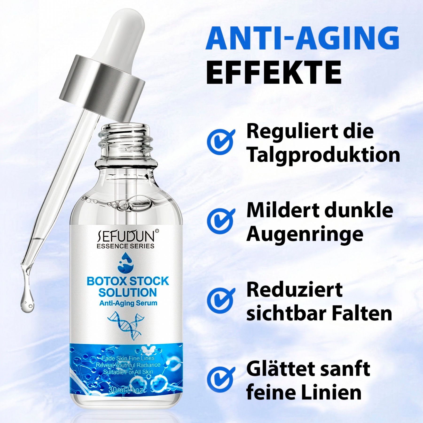 Flasche mit Pipette, "Botox Stock Solution Anti-Aging Serum" beschriftet.