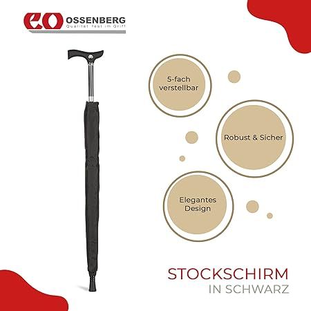 Schwarzer Stockschirm in Hülle. Ossenberg Logo. Text: Stockschirm in Schwarz, 5-fach verstellbar, robust & sicher, elegantes Design.