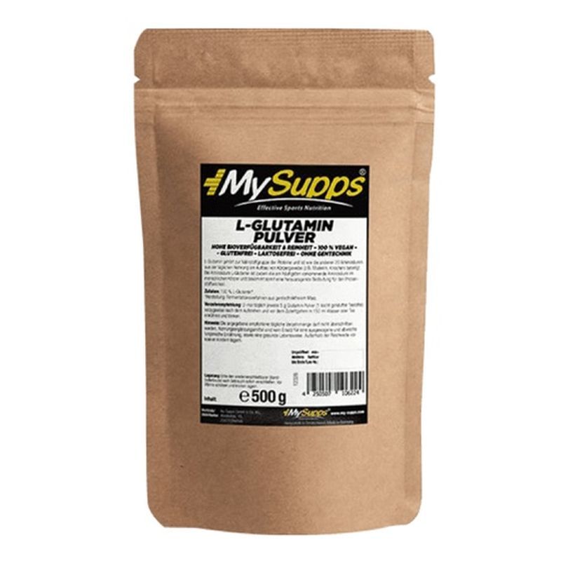 Braune Tüte mit Etikett. Aufschrift: MySupps L-Glutamin Pulver. Inhalt: 500g.