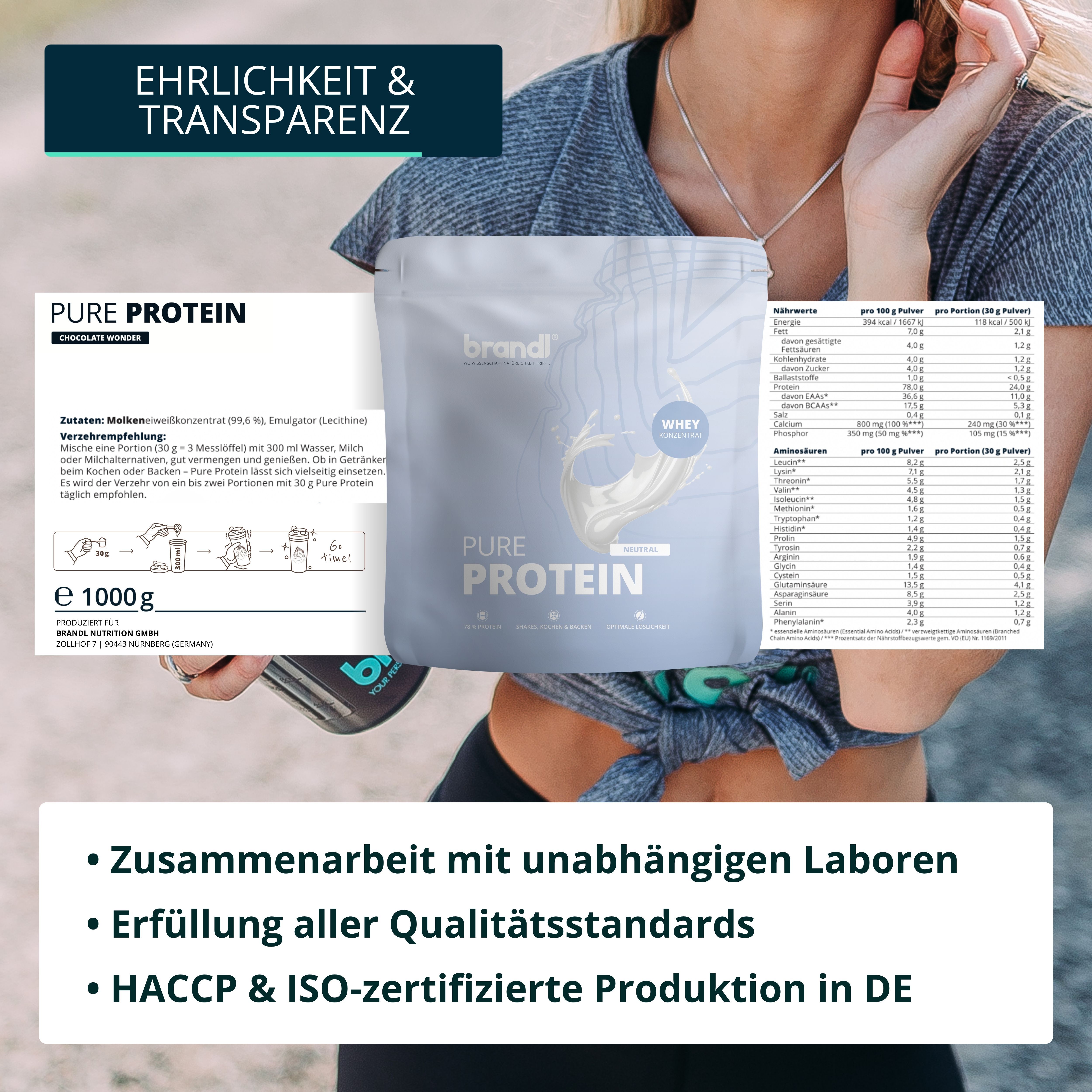 Text und Produktverpackung. Text: "Zusammenarbeit mit unabhängigen Laboren", "Erfüllung aller Qualitätsstandards", "HACCP & ISO-zertifizierte Produktion in DE".
