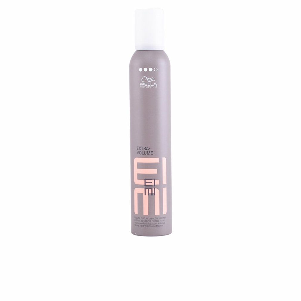 Graue Sprühflasche mit weißem Deckel. Aufschrift: EIMI, EXTRA VOLUME. Marke: Wella.