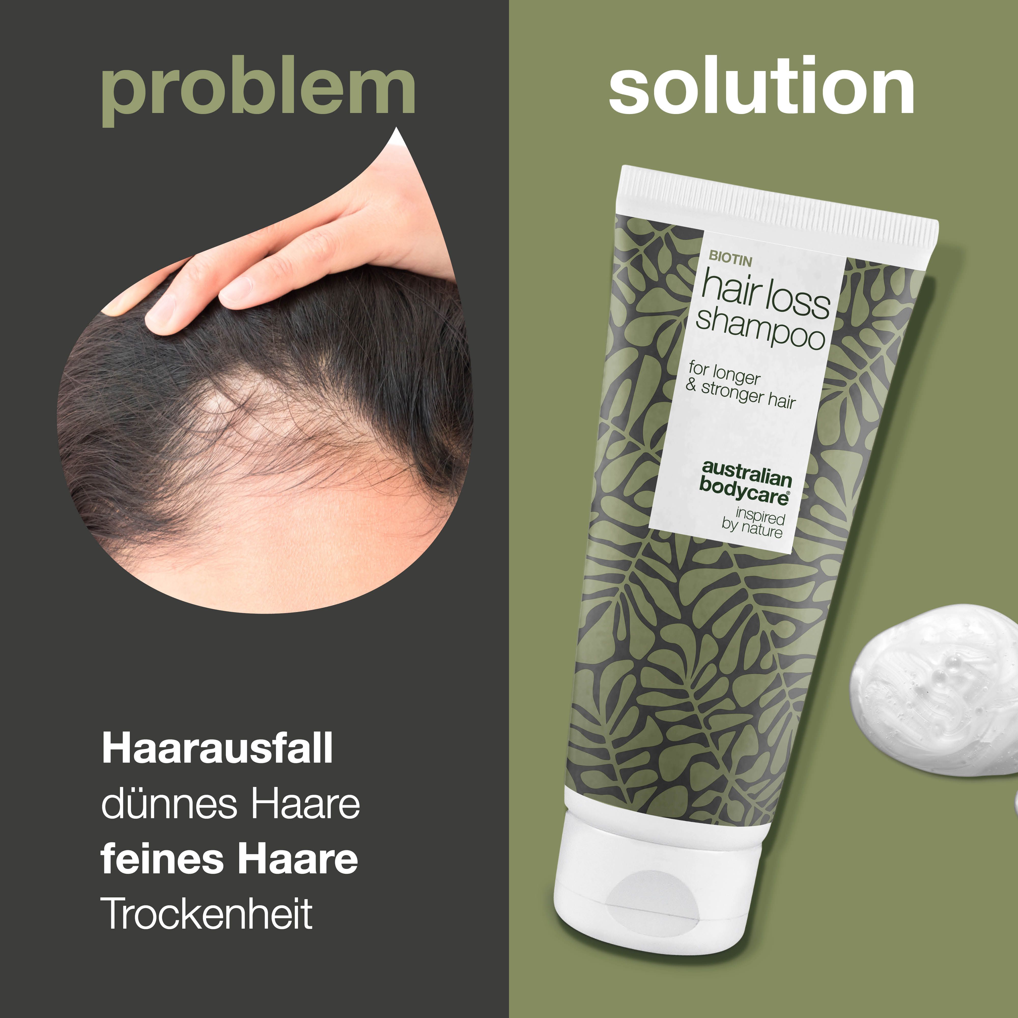 Vergleich: Problem Haarausfall, Lösung Biotin Hair Loss Shampoo. Australian Bodycare. Tube mit Blattmuster.