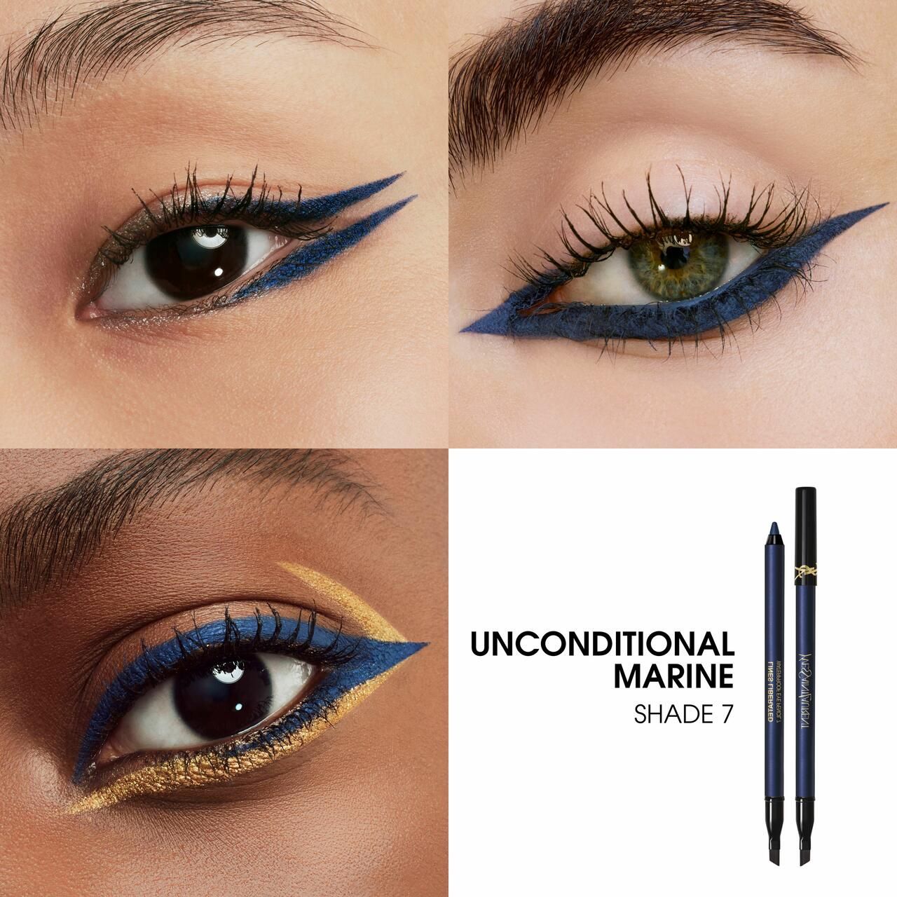 Vier Nahaufnahmen von Augen mit blauem Eyeliner. Rechts unten: Produkt und Text: UNCONDITIONAL MARINE SHADE 7.