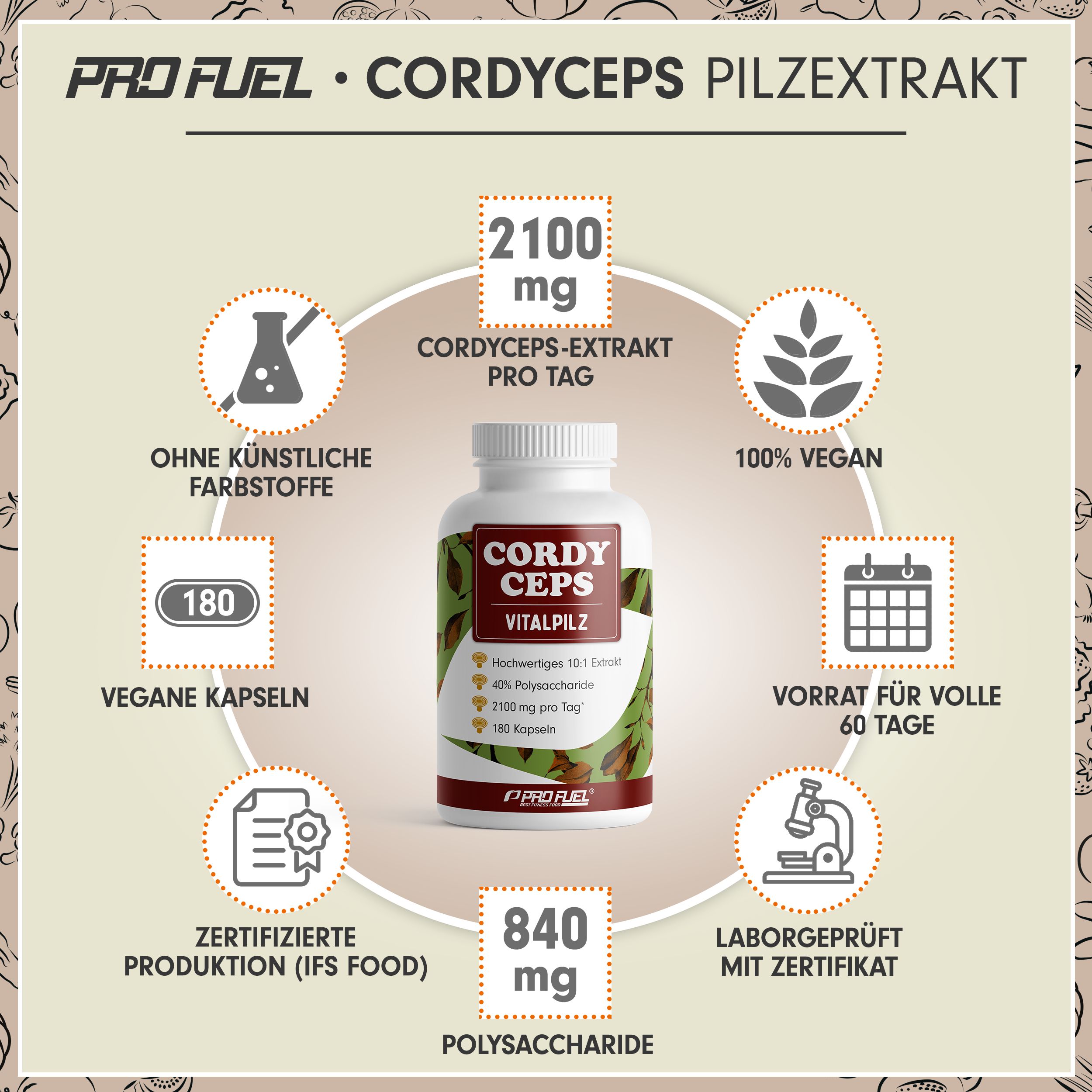 Flasche mit Cordyceps Vitalpilz Kapseln, 180 vegane Kapseln, 2100 mg Extrakt pro Tag, 840 mg Polysaccharide, 100% vegan, zertifizierte Produktion.