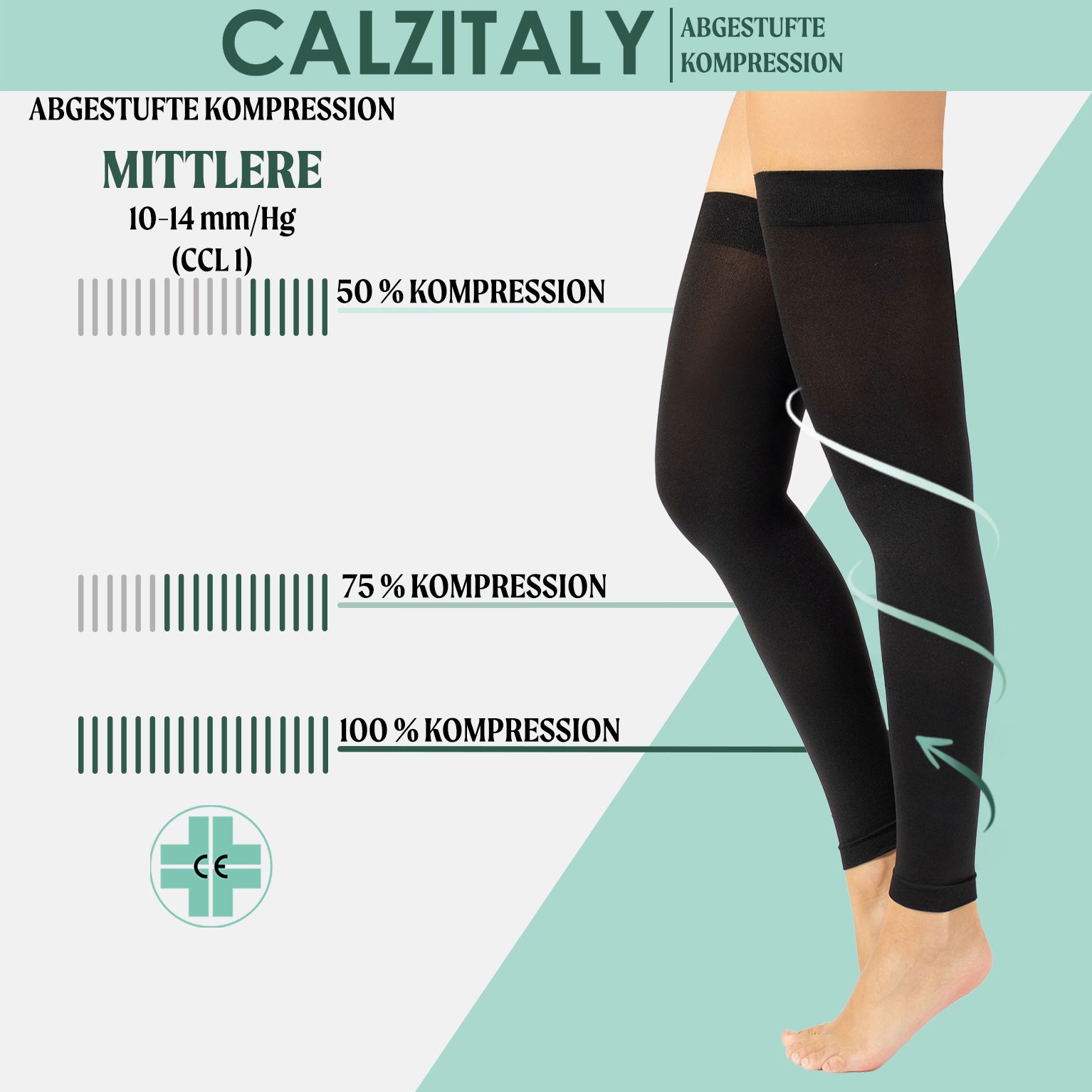 CALZITALY Beinlinge, schwarz, mit Kompressionsanzeige. 10-14 mmHg.