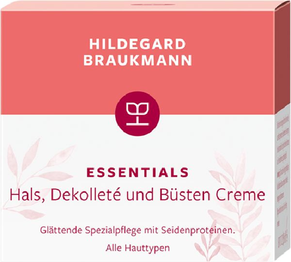 Hildegard Braukmann Essentials Creme-Verpackung. Text: Hals, Dekolleté und Büsten Creme. Rosa und weiß. Blätter-Dekor.
