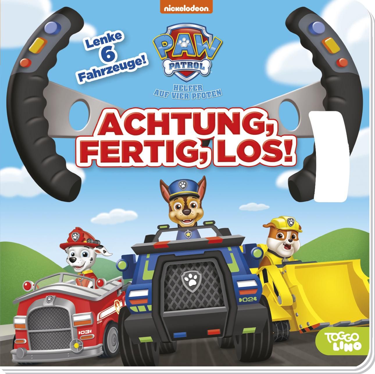 PAW Patrol: Achtung, fertig, los! Lenke 6 Fahrzeuge! Pappbilderbuch mit Lenkrad und Pop-up-Armatu...