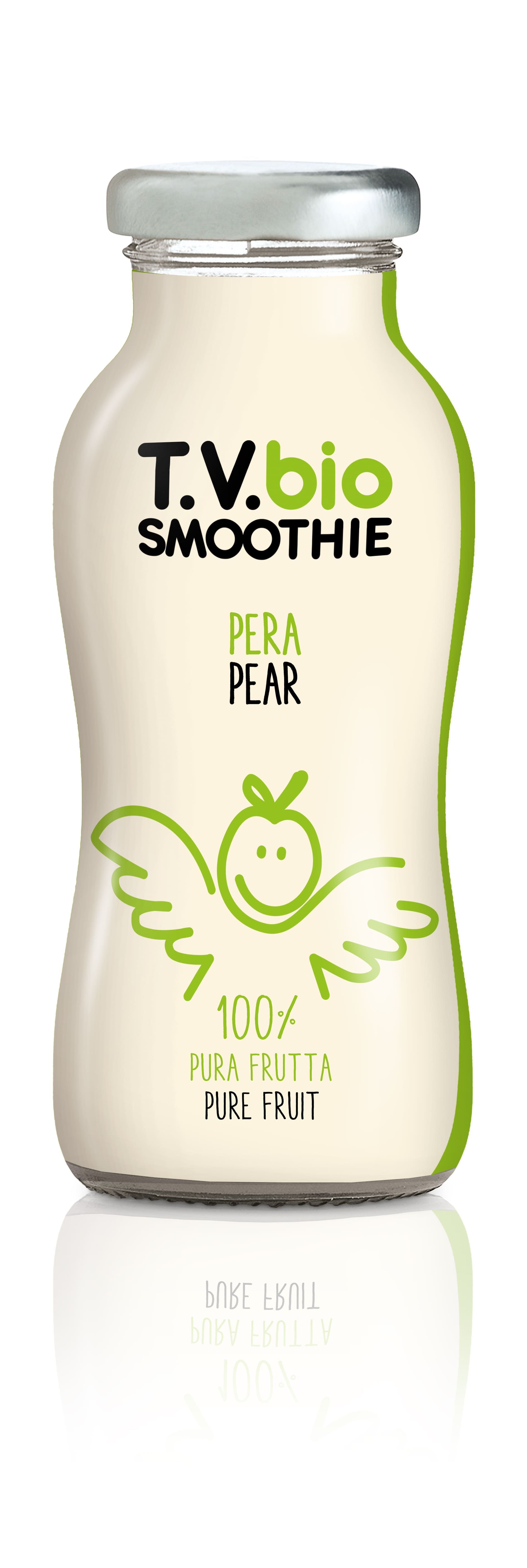 Eine Flasche Bio Smoothie Birne. Aufschrift: T.V. bio SMOOTHIE, Pera/Pear, 100% Pura Frutta/Pure Fruit. Grünes Logo mit Flügeln.