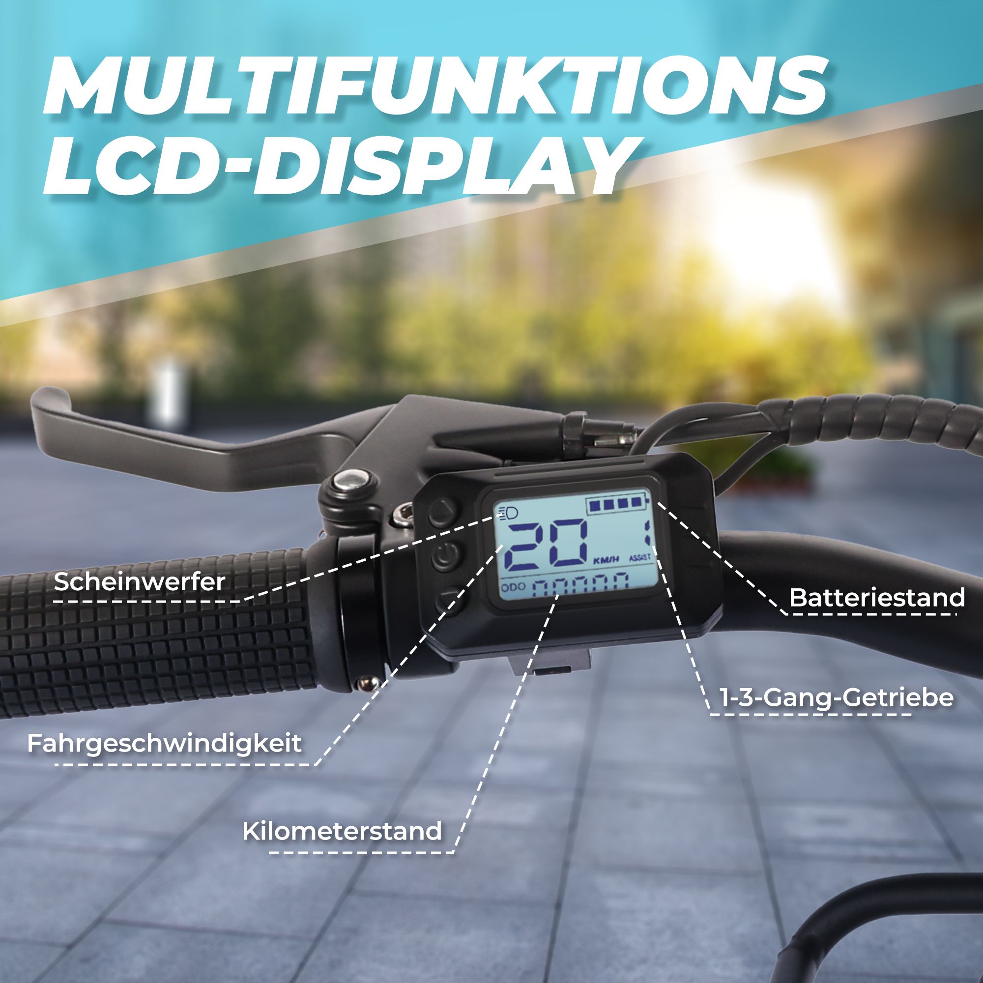 Lenker mit LCD-Display. Anzeige von Geschwindigkeit, Kilometerstand und Batteriestand. Text: 1-3 Gang Getriebe.