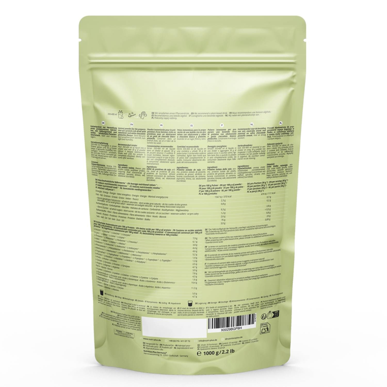Rückseite der grünen 'nutri+ Vegan 3K Protein' Verpackung. Enthält Text mit Nährwertangaben, Zutatenliste, und Herstellerinformationen. Barcode und Gewicht: 1000 g / 2.2 lb.