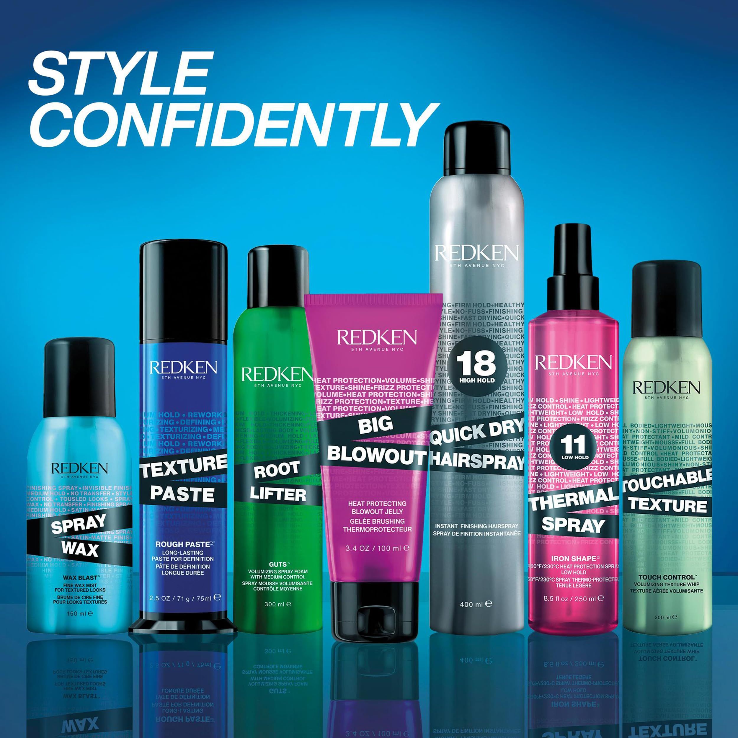 Produktreihe von Redken. Enthält Spray Wax, Texture Paste, Root Lifter, Big Blowout, Quick Dry Hairspray, Thermal Spray, Touchable Texture.