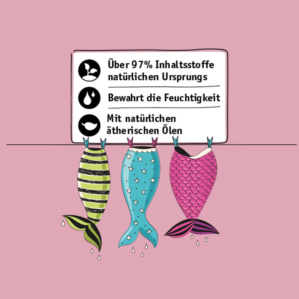 Roze achtergrond met tekst: Meer dan 97% natuurlijke ingrediënten, behoudt vocht, met etherische oliën. Afbeelding van vinnen.