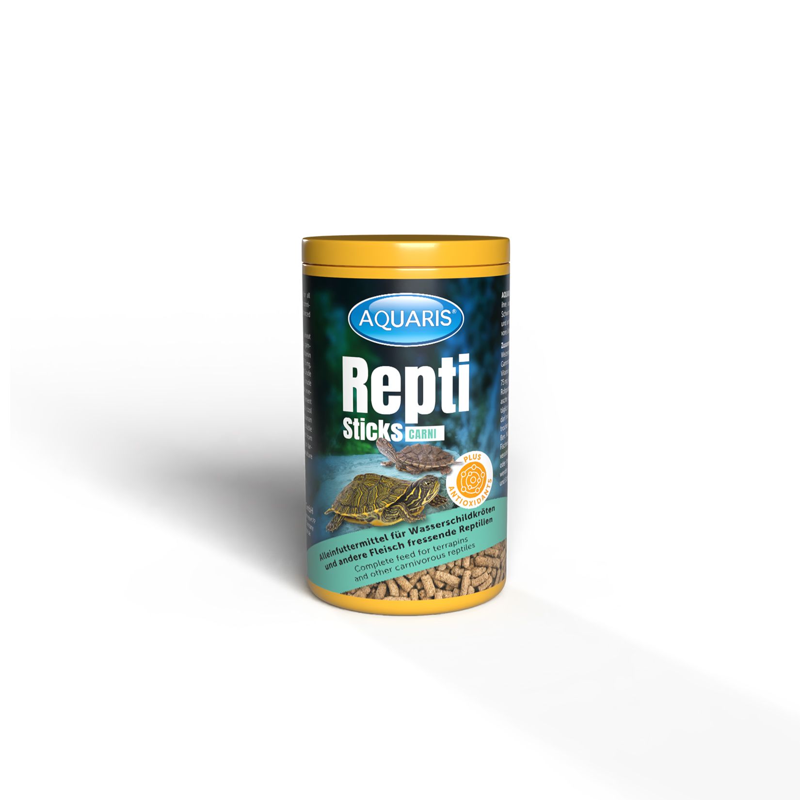 AQUARIS Repti Sticks Dose mit gelbem Deckel. Text: Repti Sticks, Futter für Wasserschildkröten. Abgebildet sind Schildkröten und Futtersticks.