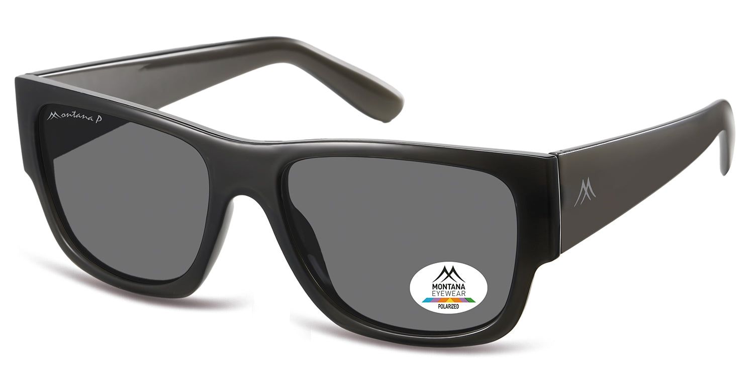 Dunkelgraue Sonnenbrille mit rechteckigen Gläsern. Montana Eyewear Logo auf dem linken Bügel und Aufkleber auf dem rechten Glas. Polarisierte Gläser.