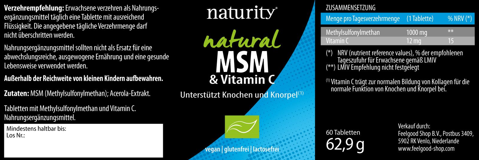 Etikett mit "naturity natural MSM & Vitamin C". Enthält Informationen zu Inhaltsstoffen und Nährwertangaben. Vegan, glutenfrei, laktosefrei.