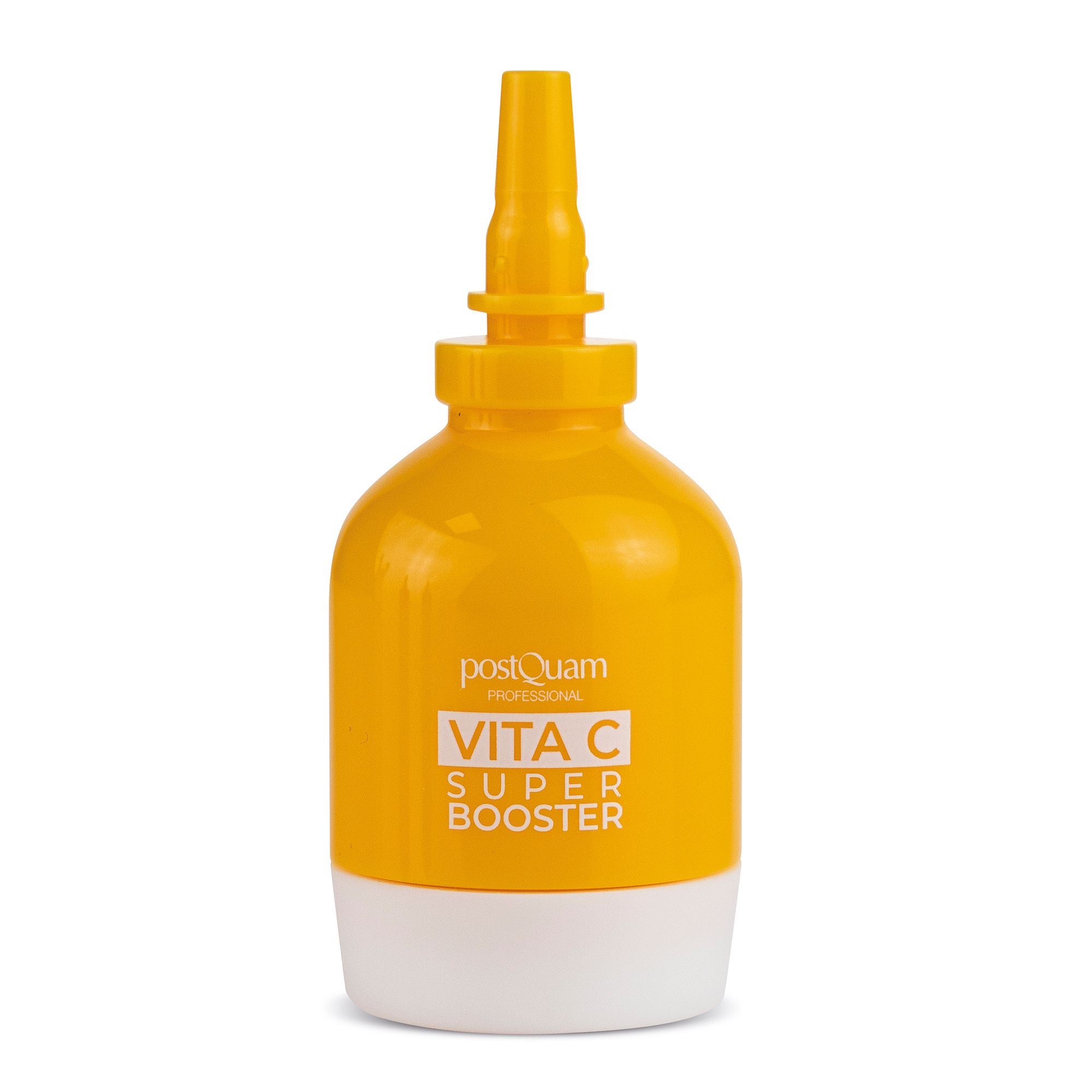 Gelbe Flasche mit weißem Boden. Aufschrift: Postquam Vita C Super Booster. Ohne separaten Applikator.