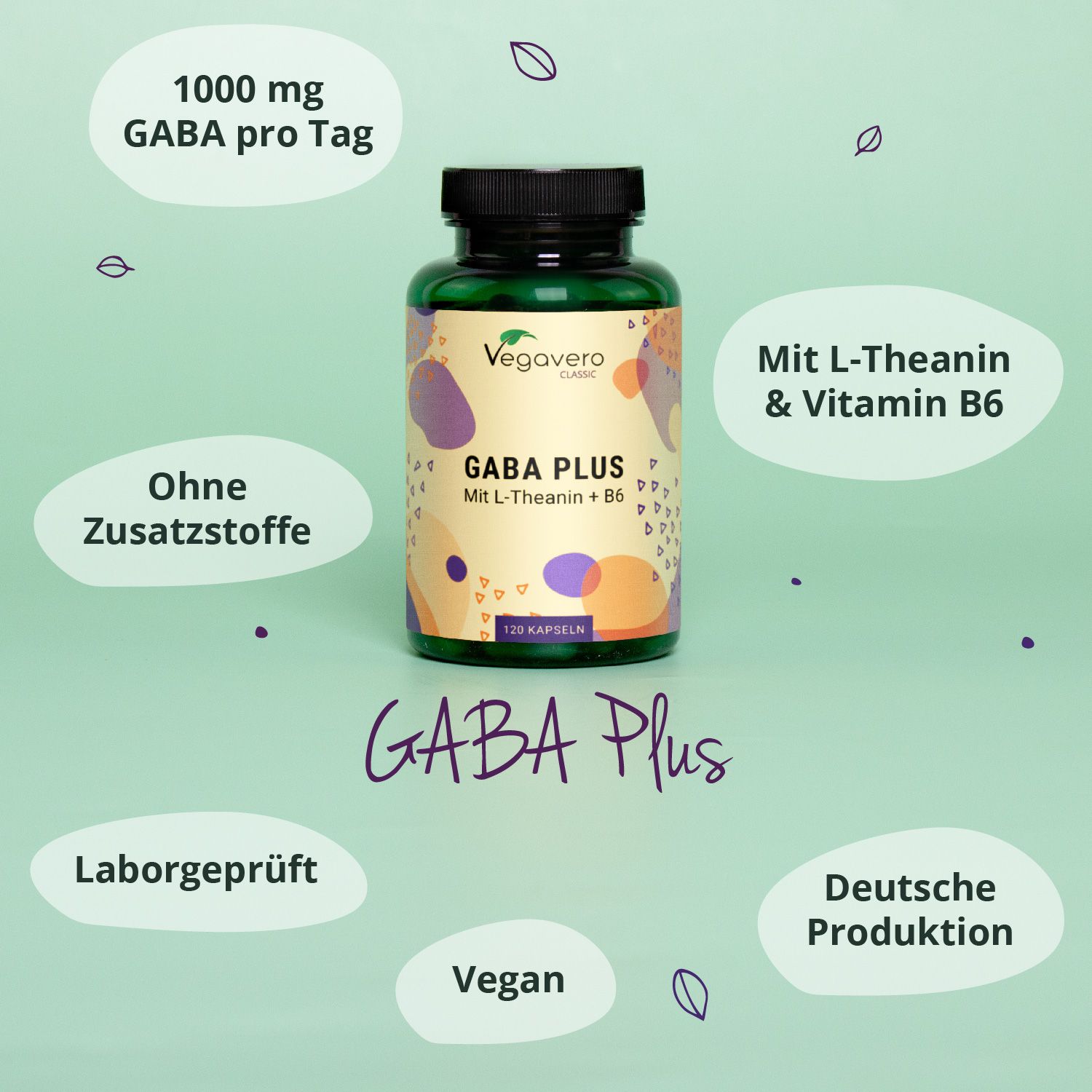 Grüne Flasche mit schwarzen Deckel. Aufschrift: Vegavaro Classic GABA PLUS mit L-Theanin & Vitamin B6. 120 Kapseln. Zusätzliche Informationen.