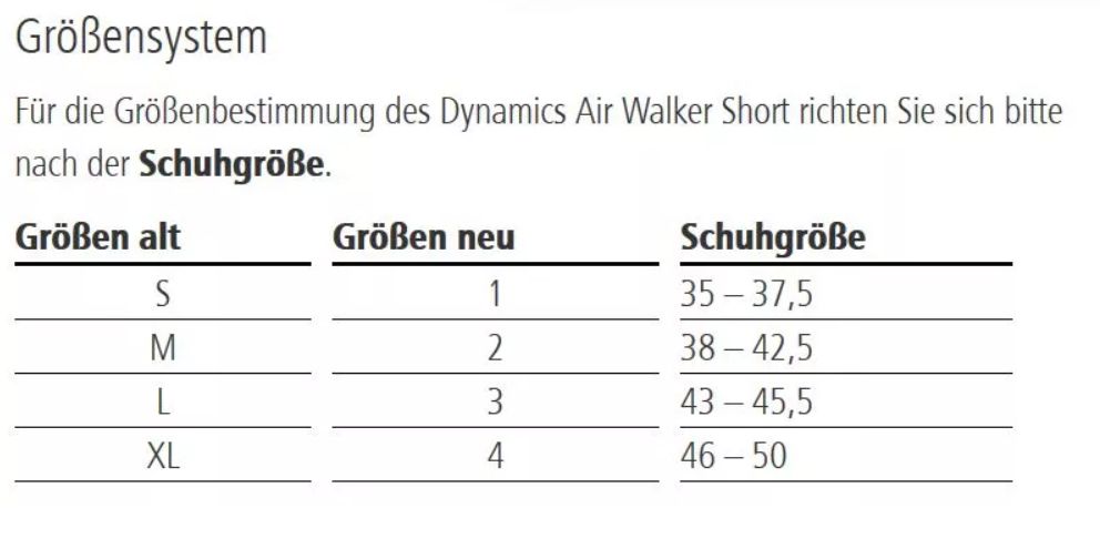 Größentabelle für Dynamics Air Walker Short. Größen: S, M, L, XL. Schuhgrößen: 35-50.