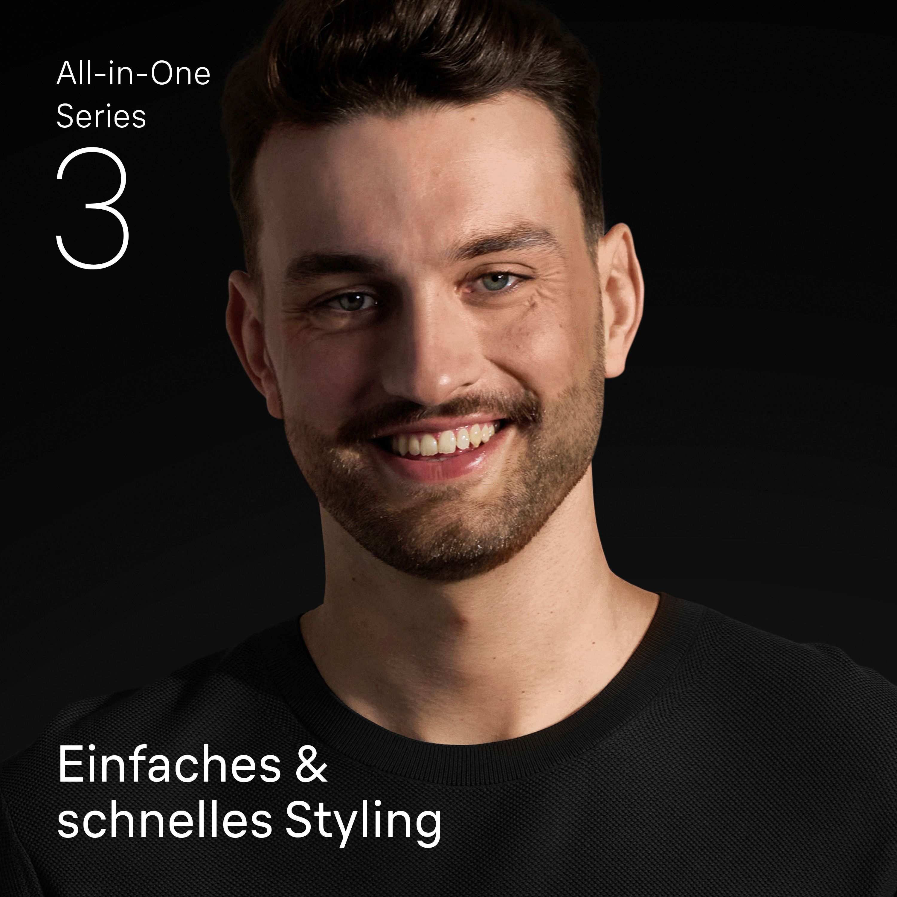 Mann mit Braun Series 3 All-In-One Style Kit für einfaches und schnelles Styling.