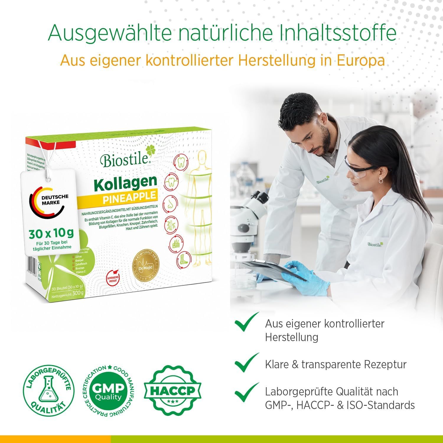 Biostile Collagen Pineapple: Karton, Laboranten, Zertifikate.