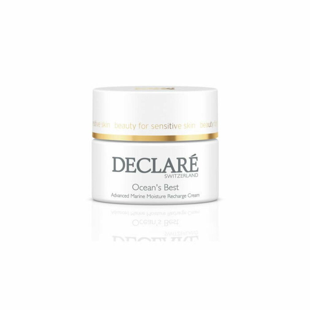 Weißer Tiegel mit goldfarbenem Deckel. DECLARÉ-Logo und Produktbezeichnung "Ocean's Best" in Grau. Text: "Advanced Marine Moisture Recharge Cream".