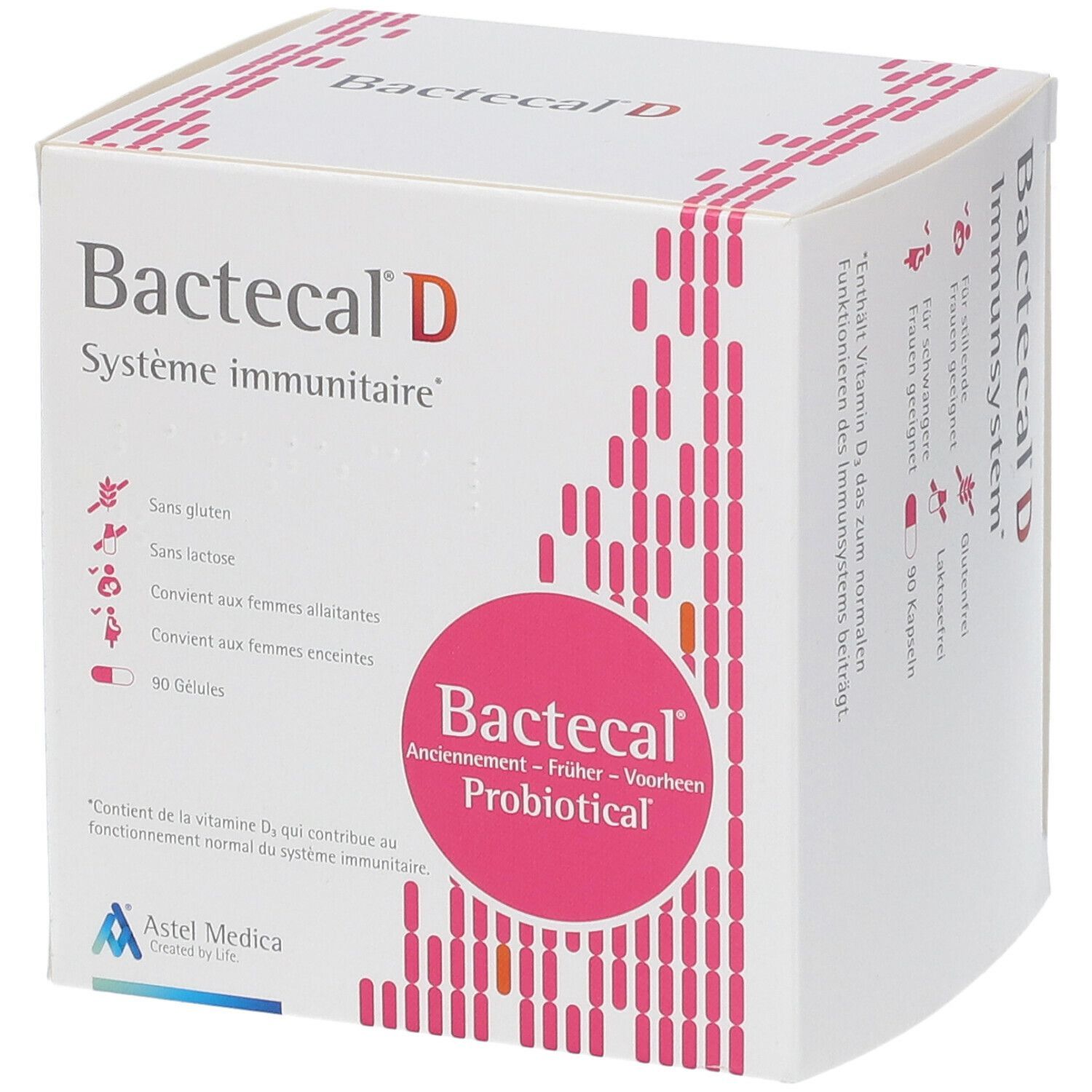 Weißer Karton mit Bactecal D. Rosa Kreis mit Bactecal Probiotical. Text: Système immunitaire. 90 Gélules. Glutenfrei, laktosefrei.