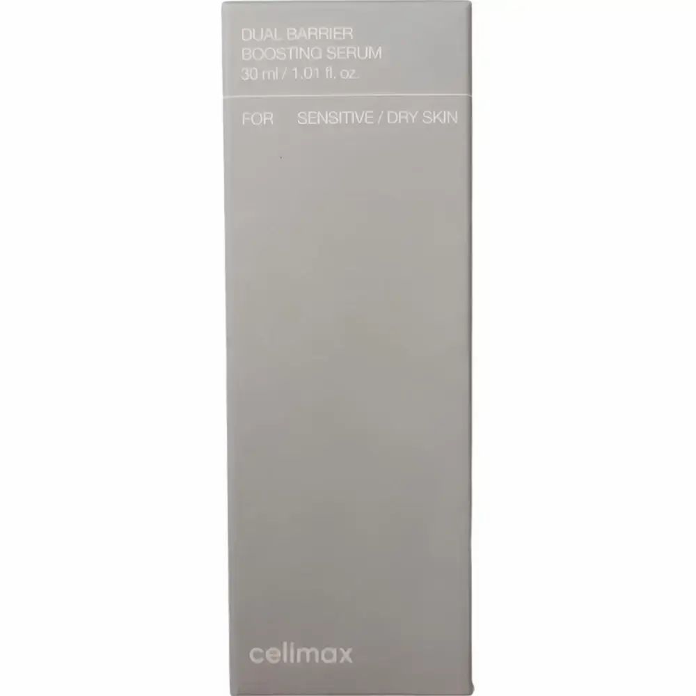 Graue Verpackung mit weißer Schrift. Aufschrift: Dual Barrier Boosting Serum. Marke: celimax.