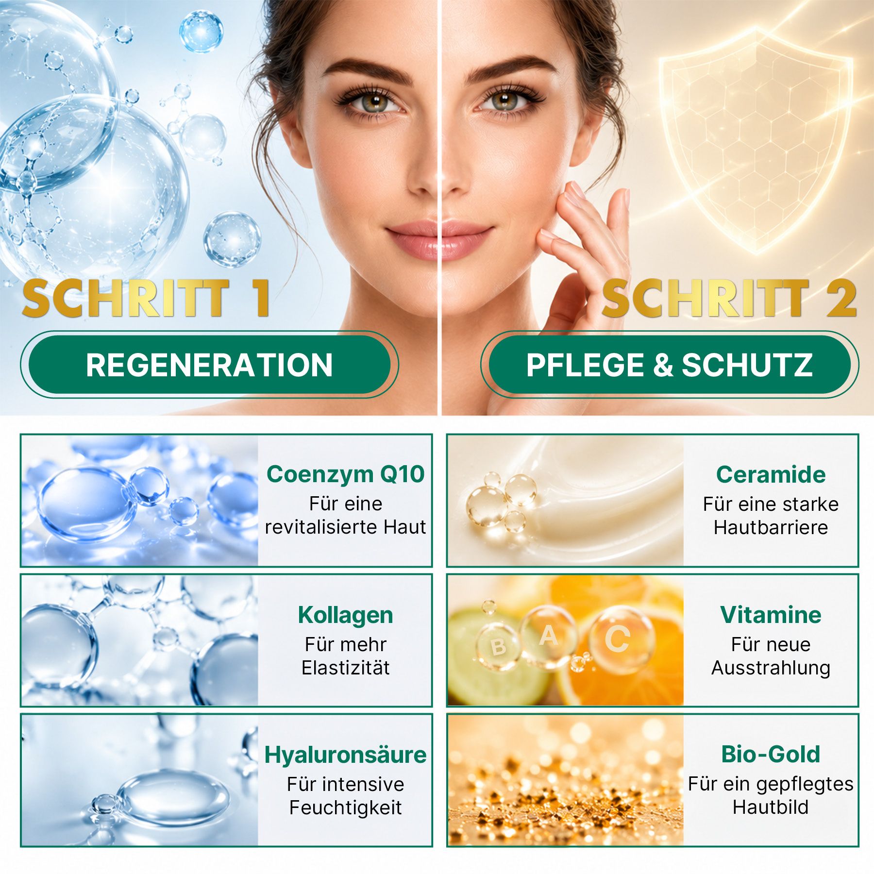 ALIVER Skin Regeneration Maske: Anwendung in 2 Schritten mit detaillierten Anleitungen und Illustrationen.