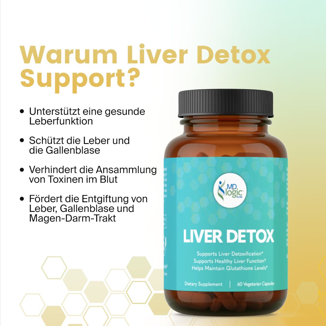 Produktflasche Liver Detox neben Text. Text: Warum Liver Detox Support? Unterstützt Leberfunktion.
