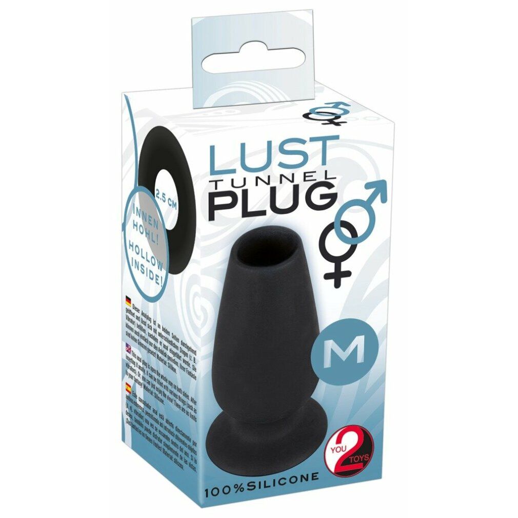 Schwarzer Lust Tunnel Plug M in Verpackung. Aufschrift: 100% Silicone, You2Toys. Verpackung mit Produktabbildung.