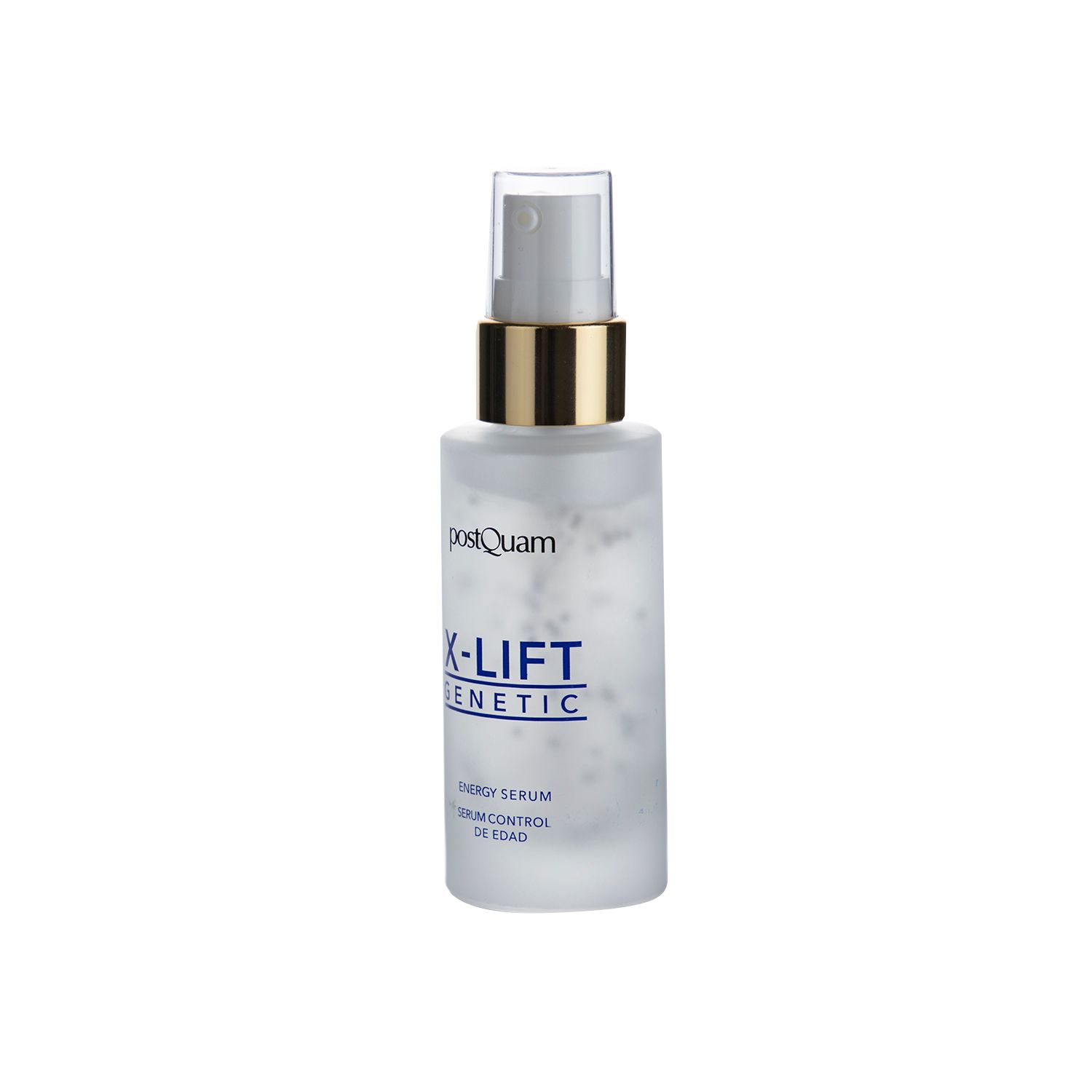 Serumflasche mit Sprühkopf. Aufschrift: X-Lift Genetic Energy Serum. Transparente Flasche mit weißen Partikeln.