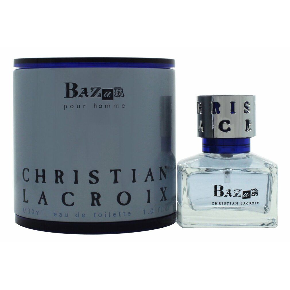 Flakon und Verpackung von Christian Lacroix Bazar Pour Homme Eau de Toilette. Zylindrische Verpackung, rechteckiger Flakon mit Sprühkopf.