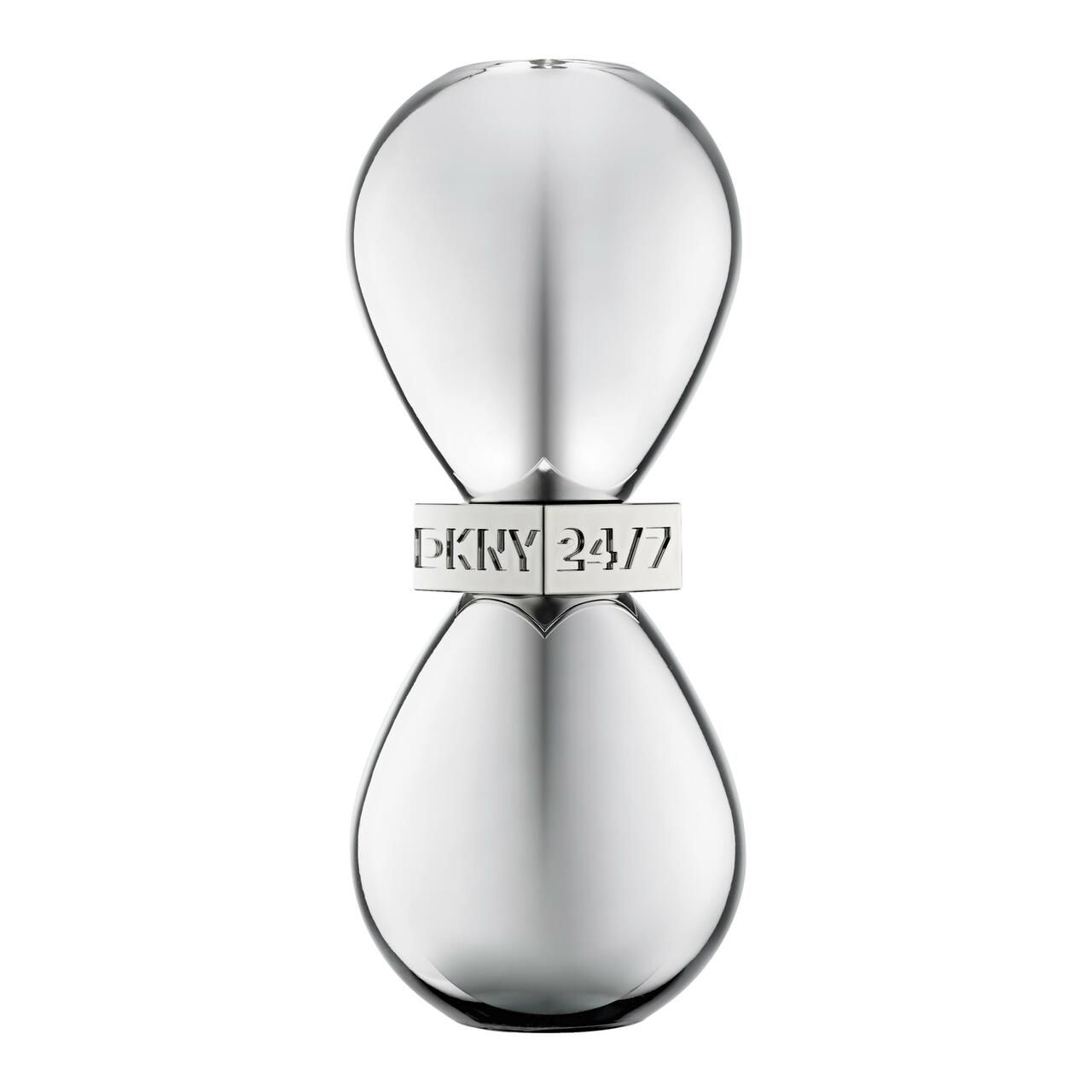 Silberfarbener Flakon in Sanduhrform. Aufschrift DKNY 24/7. Flakon mit zwei Tropfenformen, verbunden durch einen silbernen Ring.