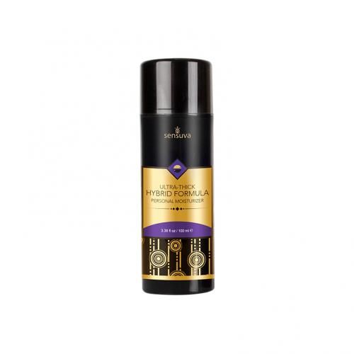 Zylindrische Flasche. Schwarz, goldfarben und lila Etikett. Aufschrift: Ultra-Thick Hybrid Formula, Personal Moisturizer. Marke: sensuva.