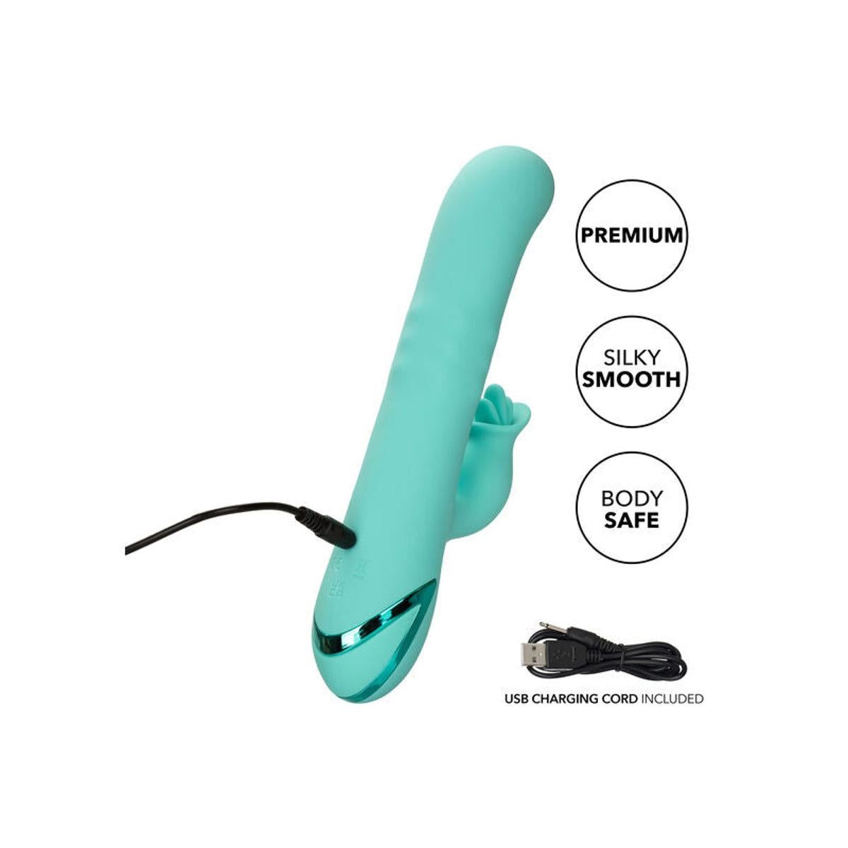 Türkisfarbener Vibrator mit Ladekabel. Enthält Informationen zu Materialien und Eigenschaften.