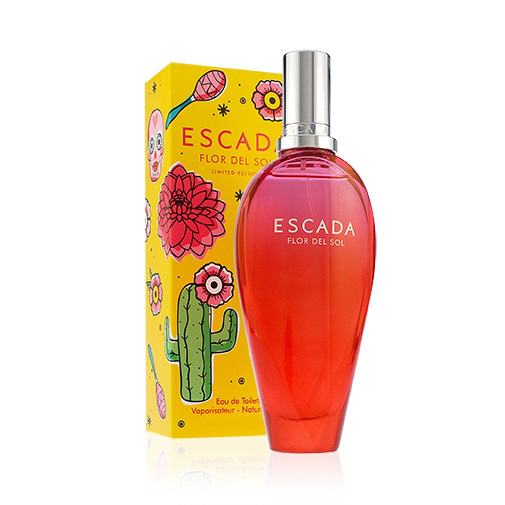 Escada Flor Del Sol Flakon und Verpackung. Flakon rot-orange, silberner Deckel. Verpackung gelb mit Illustrationen.
