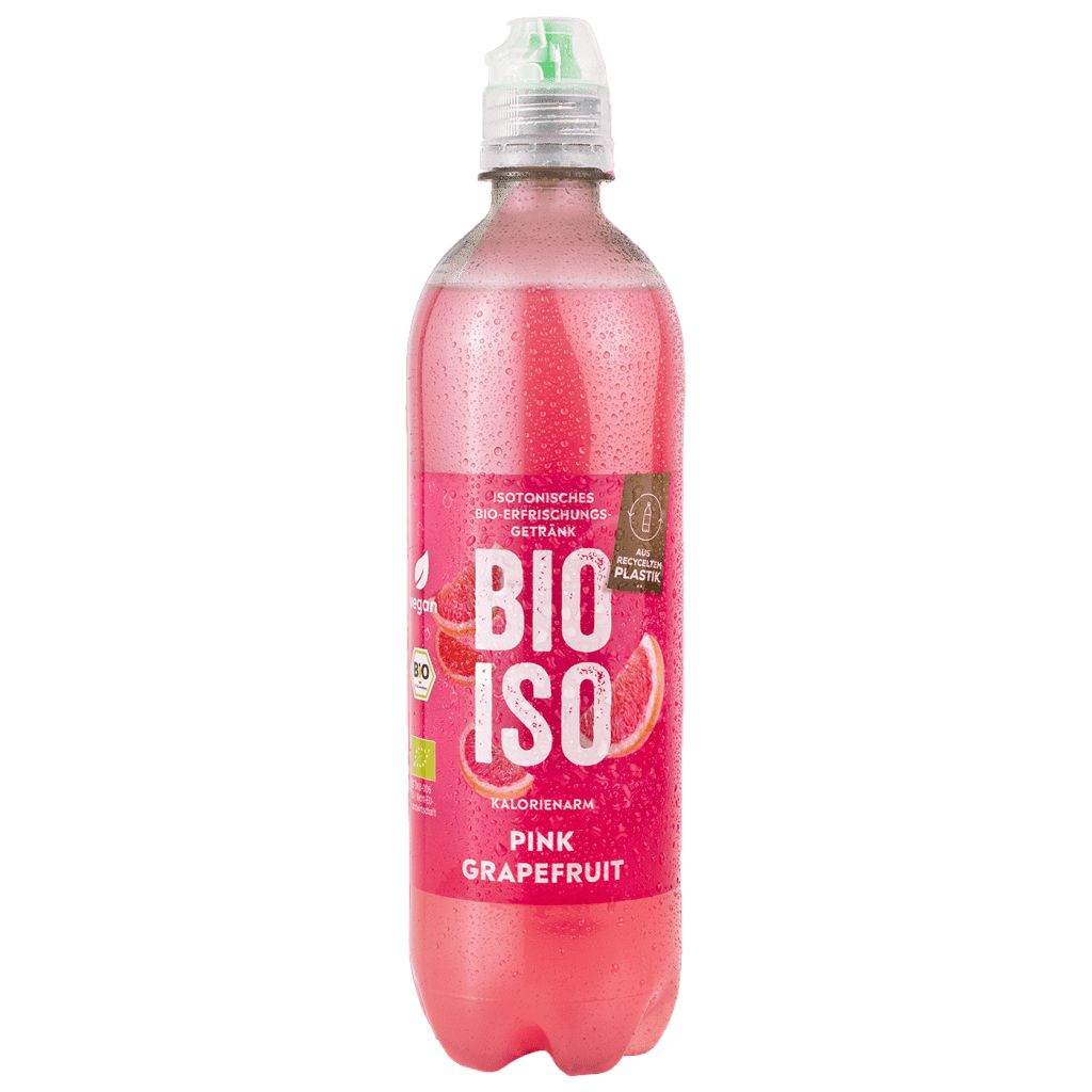 Pinkfarbenes Getränk in einer transparenten Flasche. Aufschrift BIO ISO, Pink Grapefruit. Mit grünem Verschluss.
