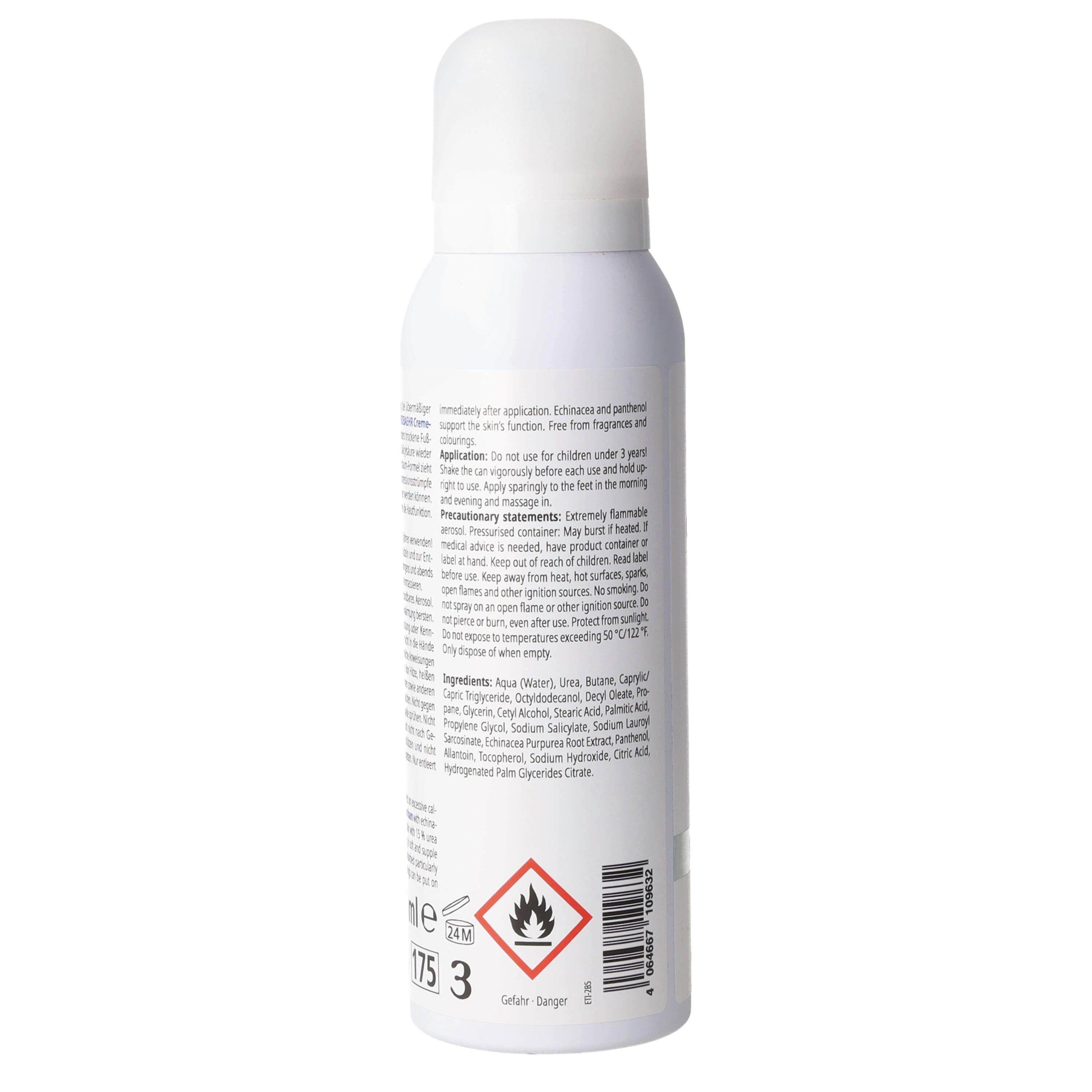 Rückseite der Pedibaehr Schrunden Cremeschaum Dose mit Inhaltsstoffen und Warnsymbolen.