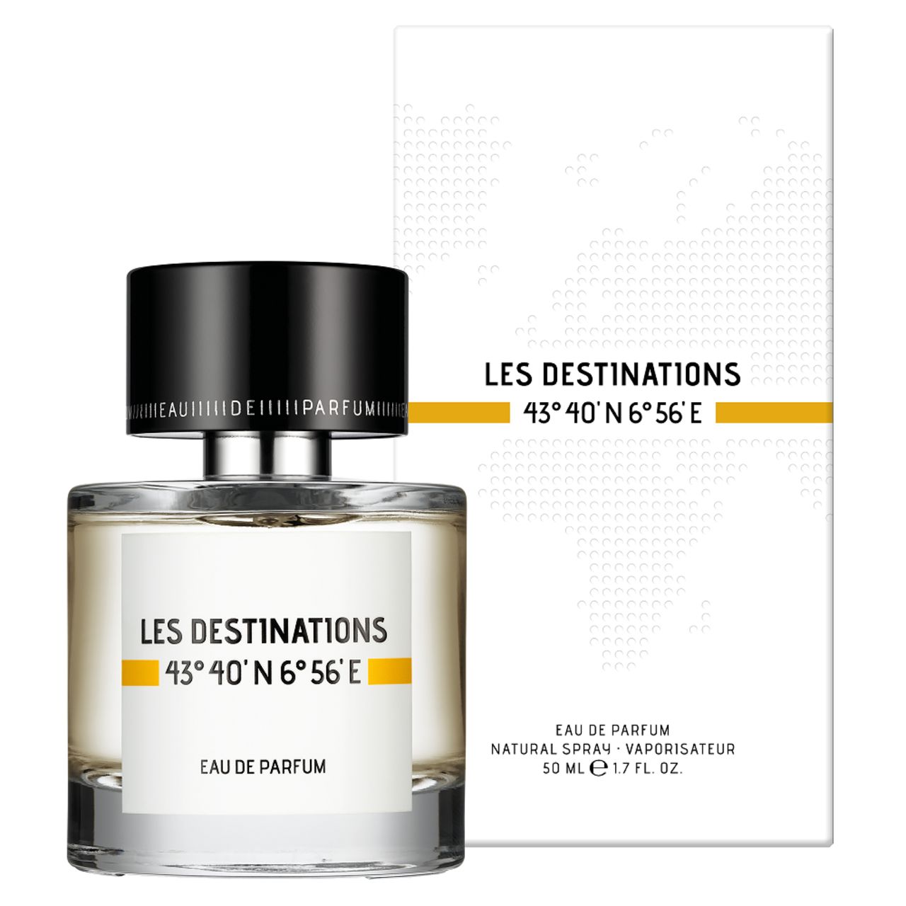 Parfümflakon mit Karton. Aufschrift: Les Destinations, Eau de Parfum. Schwarzer Deckel, transparente Flasche.
