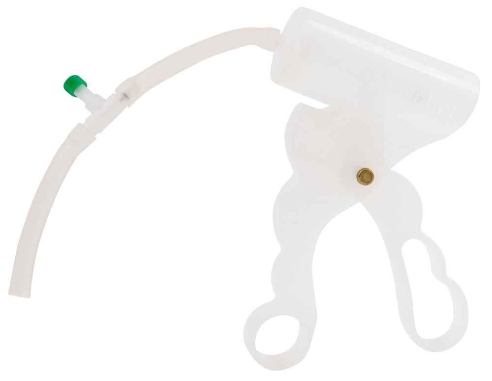 Pumpe für den Penis. Besteht aus einem Griff mit Pumpe, einem Schlauch und einem grünen Ventil. Transparente Ausführung.