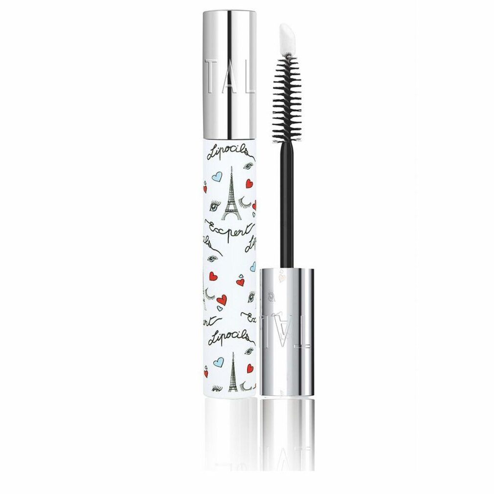 Flacone cosmetico cilindrico con tappo argentato e spazzola. Stampa con cuori, occhi, Torre Eiffel e testo.