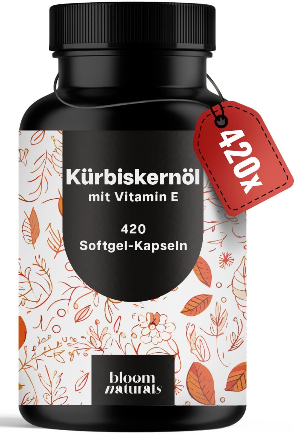 Kürbiskernöl mit Vitamin E - 420 Softgel-Kapseln 3000 mg Bloom Naturals® 256 g Kapseln