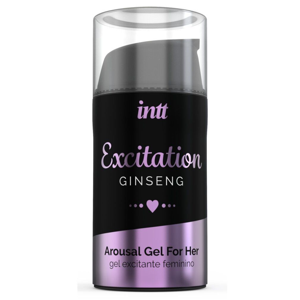 Schwarze Flasche mit silberner Kappe. Aufschrift: intt Excitation GINSENG, Arousal Gel For Her.