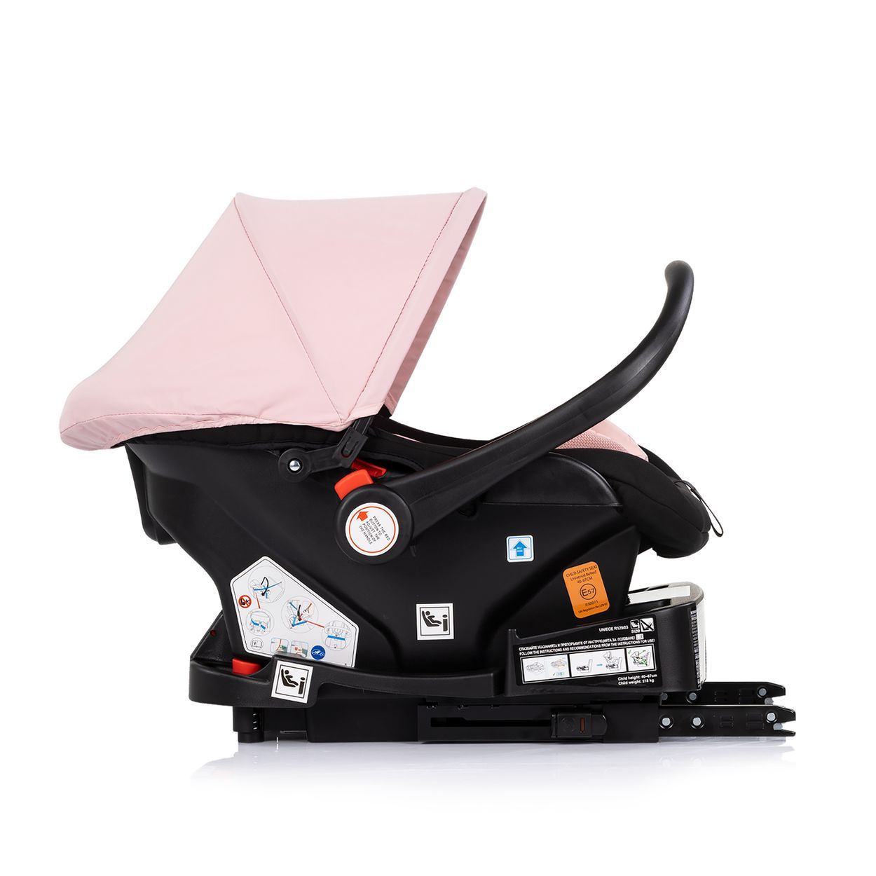 Baby-Autositz in Rosa mit Verdeck und Tragegriff, Seitenansicht.
